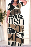 Beige Letters Camouflage Floral Print O Neck Short Sleeve Floor Length Baggy Casual Vacation Maxi T-shirt Dresses