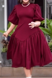 Purple O Neck Puff Sleeve Formal Evening Party Prom Plus Size Pleated Maxi Dresses