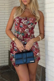 Claret Floral Print Backless Strapless Wrapped Skirt Formal Evening Party Prom Bodycon Tube Mini Dresses