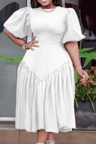Purple O Neck Puff Sleeve Formal Evening Party Prom Plus Size Pleated Maxi Dresses