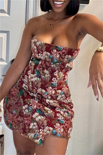 Claret Floral Print Backless Strapless Wrapped Skirt Formal Evening Party Prom Bodycon Tube Mini Dresses