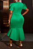Green O Neck 3D Flower Decor Short Sleeve Irregular Hem Formal Evening Party Prom Wedding Guest Bodycon Midi Dress