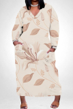Yellow Floral Print V Neck Long Sleeve Plus Size Straight Casual Outing Loose Midi Dress