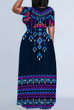 Gradient Stripe Geometric Print O Neck Short Sleeve Floor Length Baggy Casual Vacation Maxi T-shirt Dresses