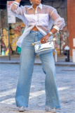 Blue Hot Drill High Waist Casual Straight Distressed Denim Jeans