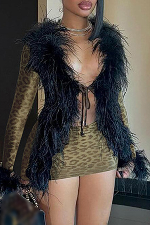 Black Feathers Trim Deep V Neck Long Sleeve Belted Party Clubwear Evening Bodycon Mini Dresses