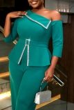 Lake Green Oblique Collar One Shoulder 3/4 Sleeve Formal Office Wedding Guest Wide Leg Peplum Jumpsuits