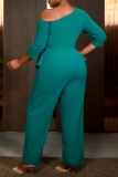 Lake Green Oblique Collar One Shoulder 3/4 Sleeve Formal Office Wedding Guest Wide Leg Peplum Jumpsuits