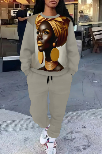 Light Khaki Flowers African Girl Print O Neck Long Sleeve Sweatshirt and Pants Casual Sportwear Two Piece Jogger Set