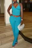 Blue Sleeveless Backless Slit Casual Halter Crop Tops And Skinny Pants Two Pieces Trouser Sets