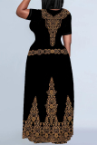 Beige Letters Camouflage Floral Print O Neck Short Sleeve Floor Length Baggy Casual Vacation Maxi T-shirt Dresses