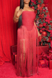 Red Formal Evening Party Prom Backless Strapless Tassel Fringed Trim Bodycon Tube Mini Dresses