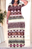 Beige Letters Camouflage Floral Print O Neck Short Sleeve Floor Length Baggy Casual Vacation Maxi T-shirt Dresses