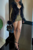 Black Feathers Trim Deep V Neck Long Sleeve Belted Party Clubwear Evening Bodycon Mini Dresses