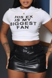 White Casual Letter Print O Neck Short Sleeve Slim Fitted Crop T-Shirts
