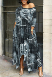 Dark Grey Faux Denim Print O Neck 3/4 Sleeve Irregular Hem Pocket Straight Loose Maxi Dress