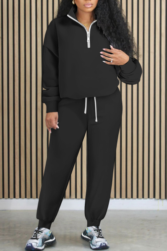 Black Zipper Collar Long Sleeve Sweatshirt And Pants Sportwear Casual Two Pieces Jogger Sets