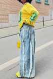Blue High Waist Fringe Trim Casual Outing Wide Leg Denim Jeans