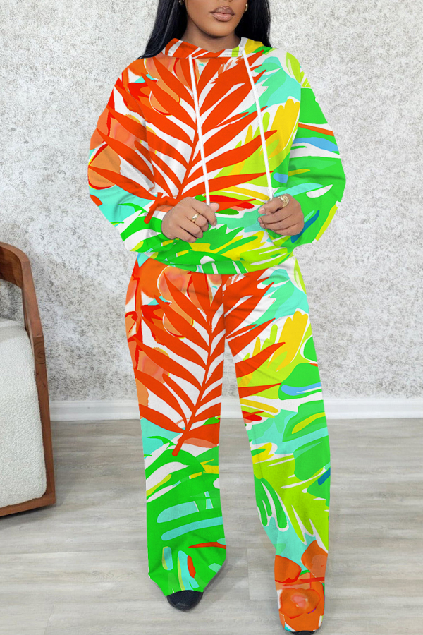 Fluorescent Green Long Sleeve Hooded Sweatshirt And Wide Leg Pants Sportwear Casual Two Pieces Jogger Sets