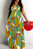 Black Graphics Print Backless Spaghetti Strap Floor Length Vacation Baggy Sundress Slip Maxi Dress