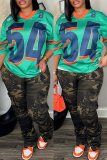 Green Casual Sportwear Digital Letter Print V Neck Half Sleeve Oversize T-Shirts