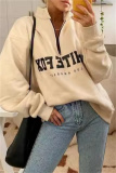 Light Yellow Casual Letter Print Zipper Collar Long Sleeve Fall Winter Sweatshirt