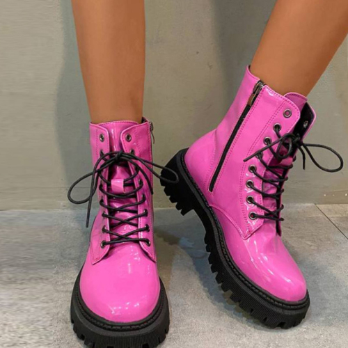 Rose Red Causal Patent Leather Martin High Heeled Boots