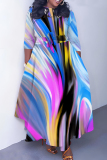 Navy Blue Casual Graphics Print O Neck 3/4 Sleeve Belted Pockets Long Vacation Pleated Maxi Dresses