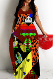 Black Graphics Print Backless Spaghetti Strap Floor Length Vacation Baggy Sundress Slip Maxi Dress