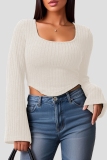 Green Casual U Neck Long Sleeve Knitted Crop Sweater Tops