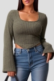 Green Casual U Neck Long Sleeve Knitted Crop Sweater Tops