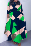 Navy Blue Casual Graphics Print O Neck 3/4 Sleeve Belted Pockets Long Vacation Pleated Maxi Dresses