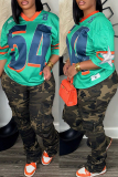 Green Casual Sportwear Digital Letter Print V Neck Half Sleeve Oversize T-Shirts