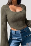 Green Casual U Neck Long Sleeve Knitted Crop Sweater Tops