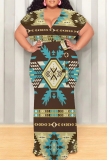 Apricot Casual Boho National Totem Print Short Sleeve V Neck Lace Up Plus Size Loose Vacation Maxi Dresses