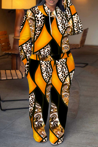 Orange Graphics Print Long Sleeve Hooded Sweatshirt And Wide Leg Pants Sportwear Casual Two Pieces Jogger Sets