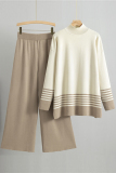 Khaki Casual Stripe Print Half A Turtleneck Long Sleeve Knitted Sweater And Wide Leg Pants Two Pieces Trouser Sets