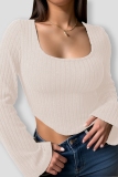 Green Casual U Neck Long Sleeve Knitted Crop Sweater Tops