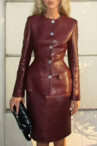 Red O Neck Long Sleeve Buttons PU Leather Motorcycle Tops And Midi Skirt Casual Formal Office Two Pieces Dress Sets