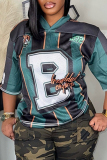 Green Casual Sportwear Digital Letter Print V Neck Half Sleeve Oversize T-Shirts