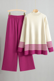 Khaki Casual Stripe Print Half A Turtleneck Long Sleeve Knitted Sweater And Wide Leg Pants Two Pieces Trouser Sets