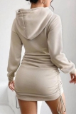 Grey Casual Long Sleeve Ruched Hooded Sweatshirt Mini Dresses