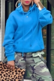 Blue Casual Long Sleeve Fall Winter Hooded Sweatshirt