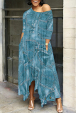 Dark Grey Faux Denim Print O Neck 3/4 Sleeve Irregular Hem Pocket Straight Loose Maxi Dress