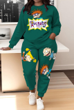Dark Green Cartoon Print O Neck Long Sleeve Sweatshirt And Skinny Pants Sportwear Casual Two Pieces Matching Sweatsuit Set