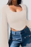 Green Casual U Neck Long Sleeve Knitted Crop Sweater Tops