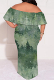 Teal Gradient Floral Print Off Shoulder Ruffle Sleeve Casual Outing Plus Size Vacation Loose Fit Maxi Dresses