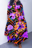 Navy Blue Casual Graphics Print O Neck 3/4 Sleeve Belted Pockets Long Vacation Pleated Maxi Dresses