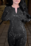 Black Sequins Zipper Collar Long Sleeve Formal Evening Party Prom Skinny Jumpsuits