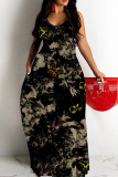 Grey Graphics Print Backless Spaghetti Strap Floor Length Vacation Baggy Sundress Slip Maxi Dress